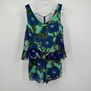Judith March Romper Womens Size M‎ Blue Green Floral Sheer Layered Playsuit